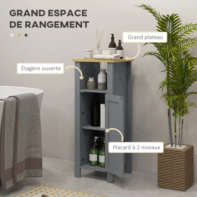 kleankin Meuble de salle de bain sur pied avec placard à 2 niveaux étagère réglable poignées en similicuir 32 x 30 x 80 cm gris