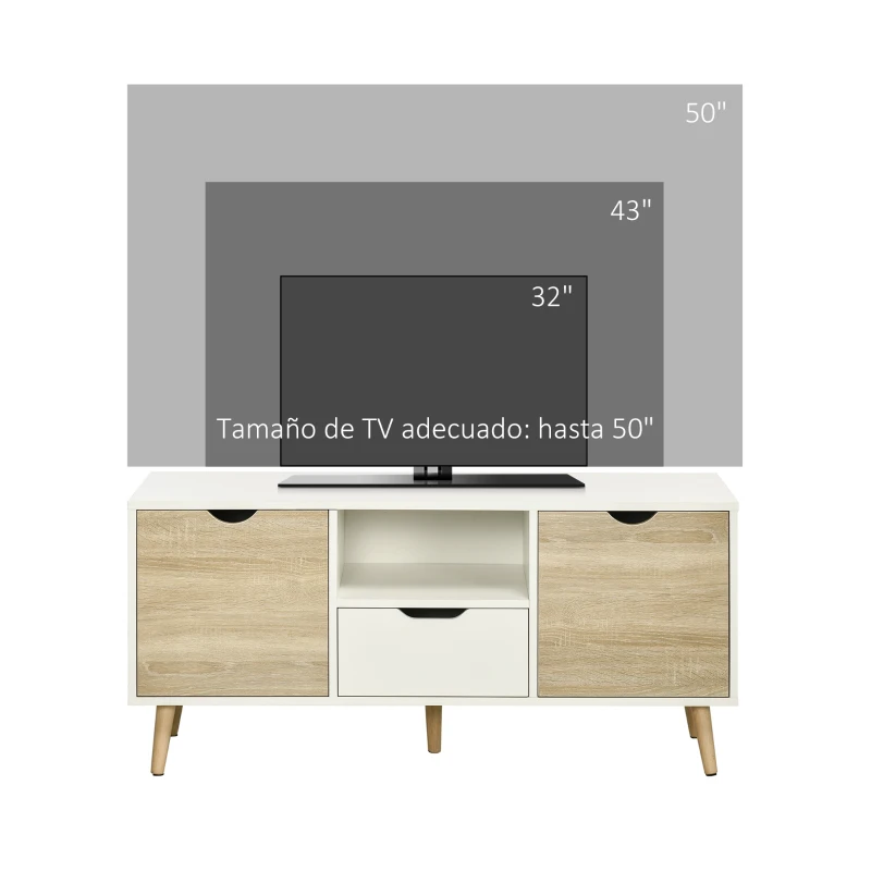 HOMCOM Mueble de TV con Cajón y 2 Puertas para Televisores de hasta 50" 110x40x50 cm Blanco y Madera Natural