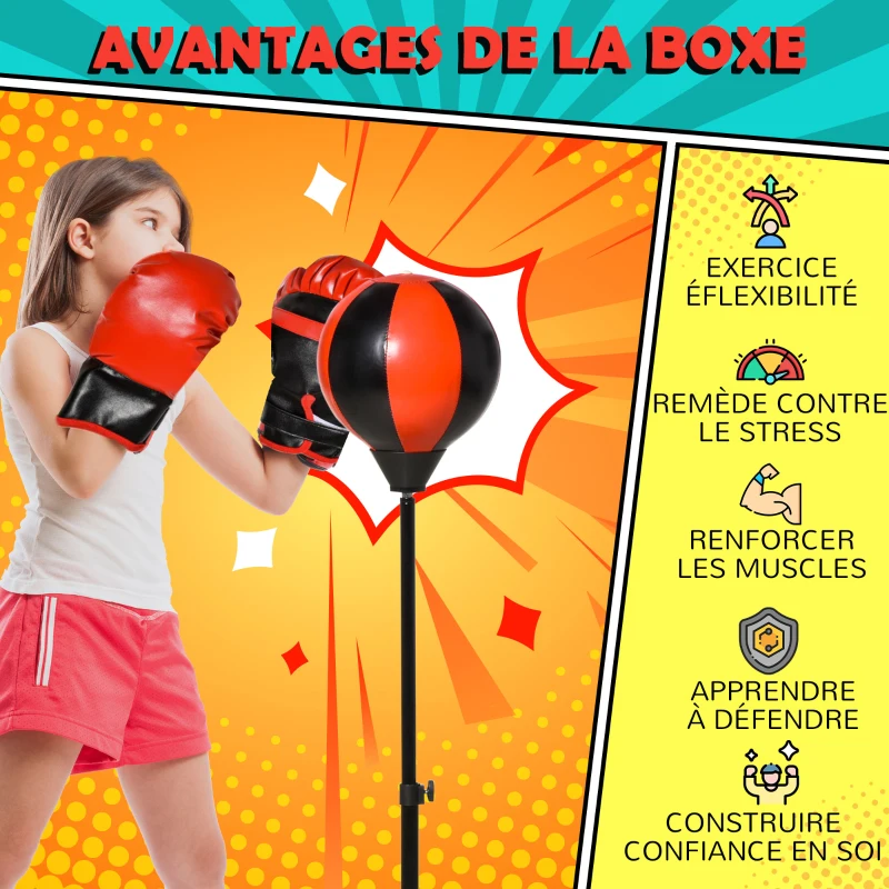 HOMCOM Sac de Frappe sur Pied Punching Ball sur Pied pour Enfant Hauteur réglable 90-120 cm Base de lestage Paire Gants et Pompe Inclus pour Karaté Fitness Taekwondo Rouge Noir