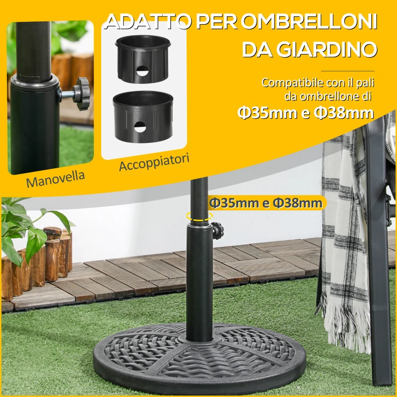 Outsunny Base per Ombrellone da Giardino Rotonda Effetto Rattan Ø45cm Peso da 9.5kg, Nero