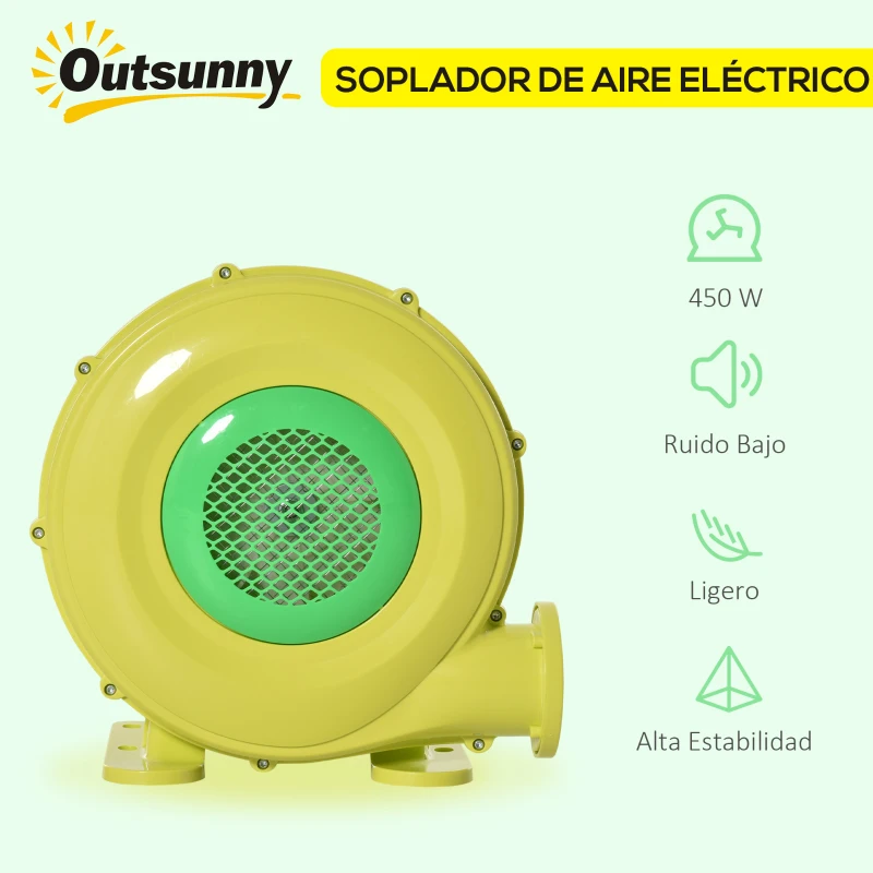 Outsunny Soplador Eléctrico de 450W para Castillo Hinchable Ventilador de Aire Industrial para Juguetes Inflables 35x26x33,5cm Amarillo y Verde