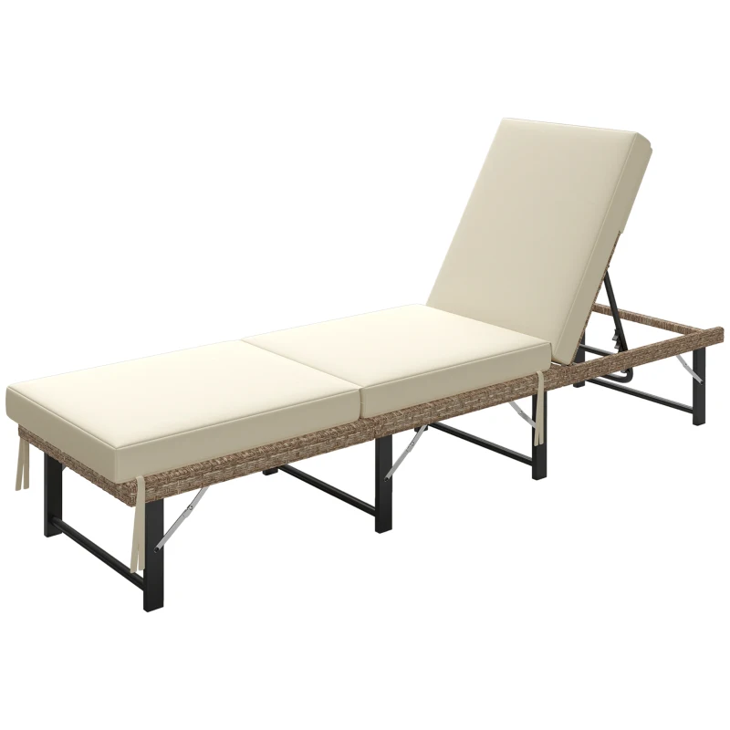 Outsunny Single Folding Rattan Sun Lounger, with Cushion - Grey