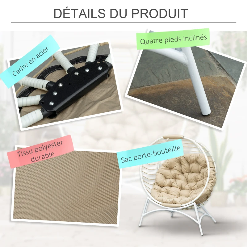 Outsunny Fauteuil cocon œuf sur pied pliant 118 x 75 x 142 cm avec coussin beige inclus métal résine blanc et beige