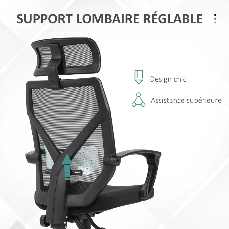 HOMCOM Fauteuil de bureau manager grand confort dossier ergonomique inclinable hauteur assise réglable pivotant tissu maille noir