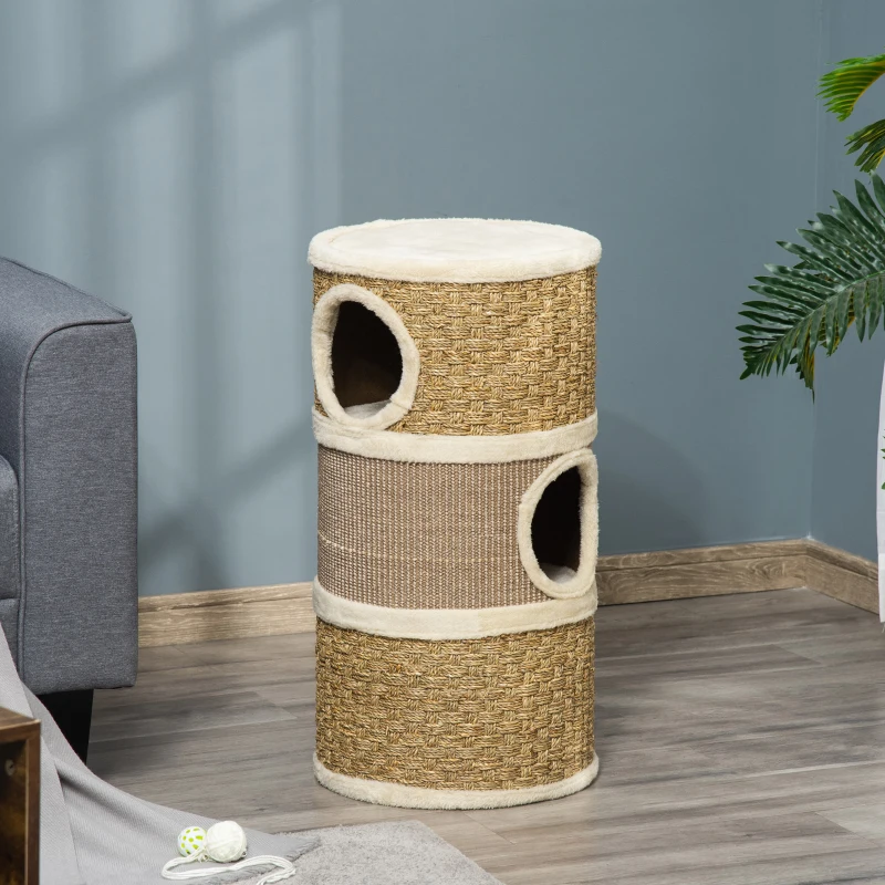 PawHut Cat Scratching Barrel Kitten Tree Tower for Indoor Cats Pet Furniture Climbing Frame Covered with Sisal and Seaweed Rope Cozy Platform Soft Plush