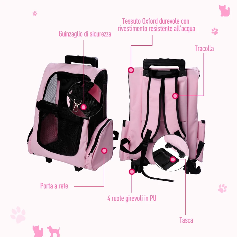 PawHut Trasportino Zaino 2 in 1 per Cani e Gatti con Tasche Laterali, Maniglia Telescopica e Ruote, 42x25x55cm, Rosa