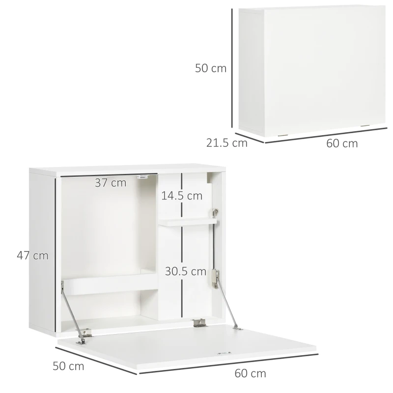 HOMCOM Scrivania a Muro Pieghevole e Salvaspazio con Ripiani, per Casa e Ufficio, in Truciolato e MDF, 60x21.5x50 cm, Bianco
