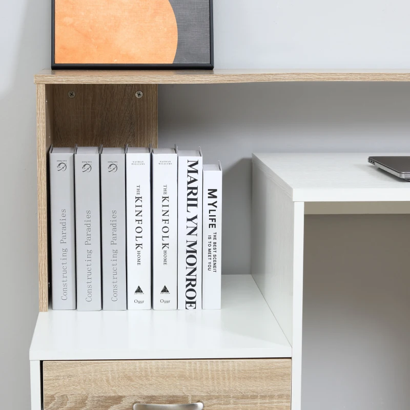 HOMCOM Bureau informatique avec 2 tiroirs, bureau avec rangement, 137 x 55 x 92 cm, étagères ouvertes et tablette d'imprimante, style moderne, table d'ordinateur pour chambre, studio, chêne