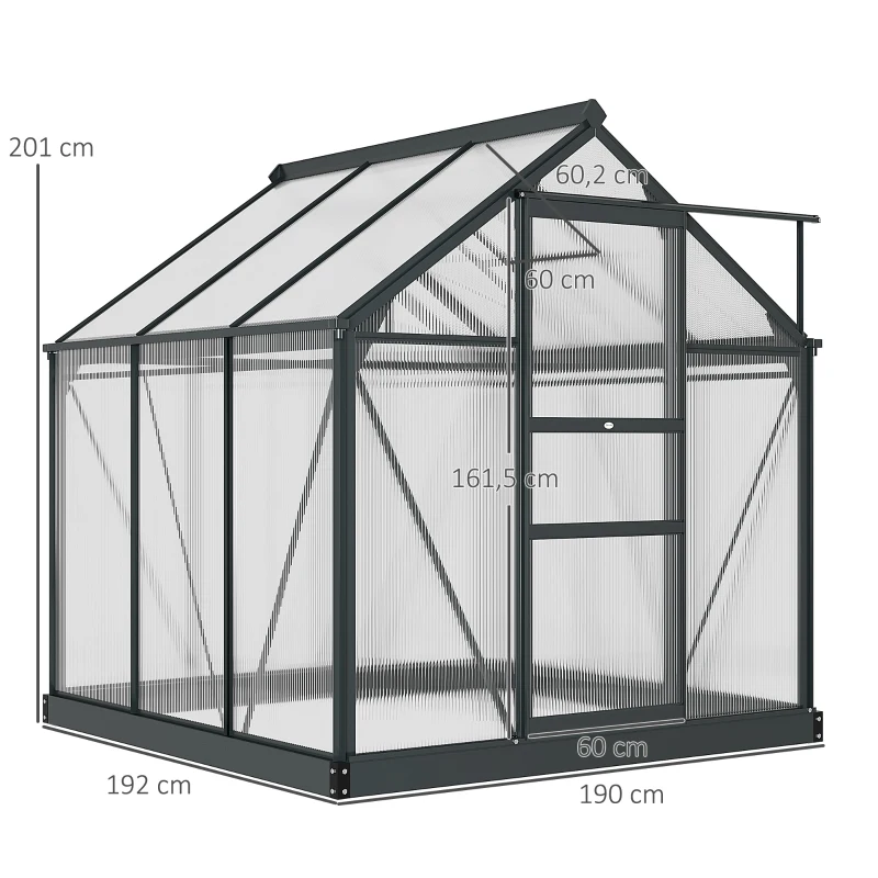 Outsunny Serre de jardin polycarbonate 3,65m² 190 x 192 x 201 cm résistant aux UV fondation renforcé gouttière Gris