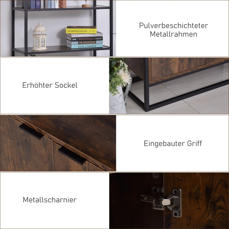 HOMCOM Bücherregal Standregal Büroregal Aktenregal Küchenregal 3 Regale mit 1 Schrank Industrie-Design E1 Spanplatte Metallrahmen Braun 76 x 33 x 162,5 cm