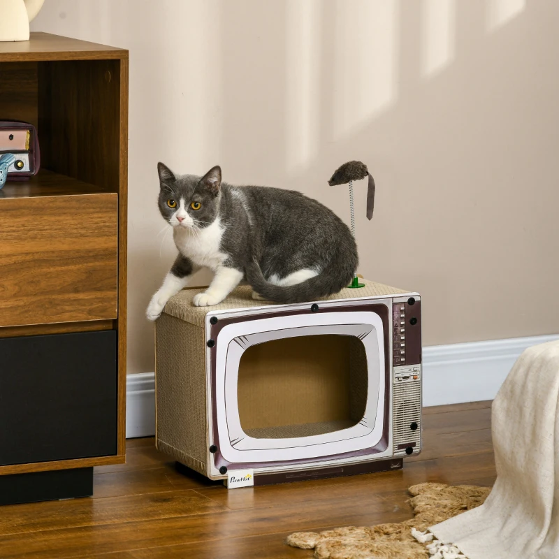 PawHut TV-Shaped Scratching Board with Scratcher, Catnip, Toy Rat, Cat Scratcher for Indoor Cats, 43 x 23 x 32.5cm