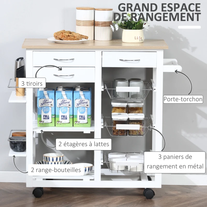 HOMCOM Chariot de service desserte de cuisine à roulettes multi-rangements 92L x 37l x 82H cm MDF imitation chêne clair pin blanc