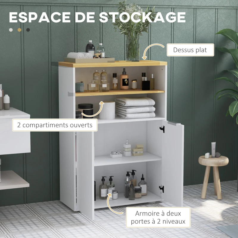 kleankin Meuble de rangement pour salle de bain avec 2 portes et 2 compartiments ouverts dim.  60L x 30P x 102H cm, blanc