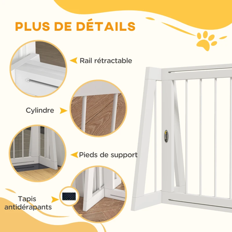 PawHut Barrière de sécurité pour chien barrière de protection à 3 panneaux rétractable 71-190 cm en bois - blanc