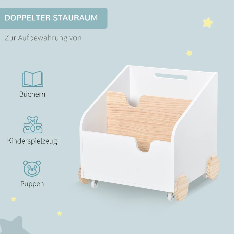HOMCOM Kinderbücherregal mit Räder Bücherregal für Kinder Aufbewahrungsregal Spielzeugregal mit großem Stauraum MDF Kiefernholz Metall Kunststoff Weiß+Naturholz 40 x 43 x 43 cm