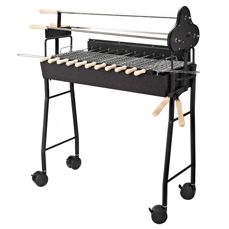 Outsunny Barbacoa de Carbón 2 en 1 Picnic Parrillas Asador BBQ Multifuncional 36x85x90cm Patio Acampada Parilla de Carbón Vegetal con Ruedas