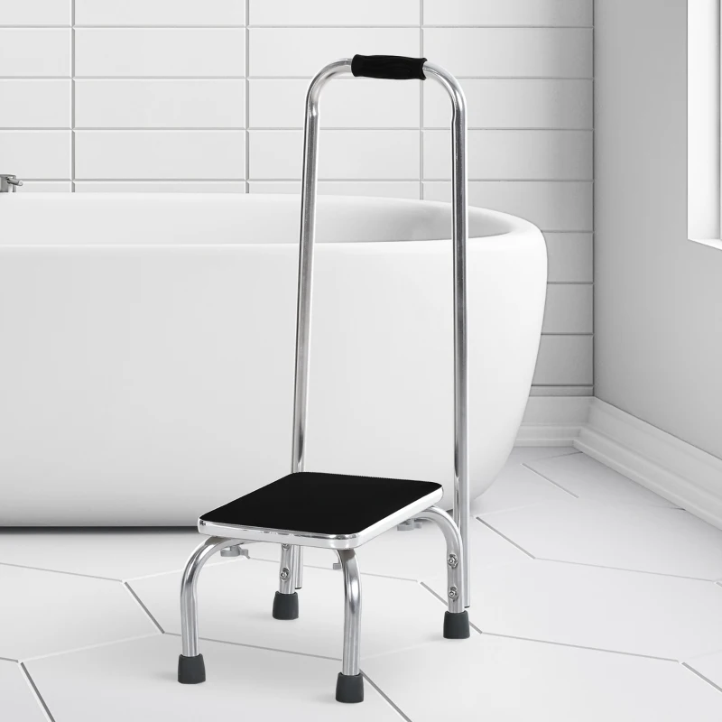 HOMCOM Marche avec Barre d'appui - marchepied de sécurité - Marche d'accès au Bain - Plateforme & Patins antidérapants - Acier galvanisé