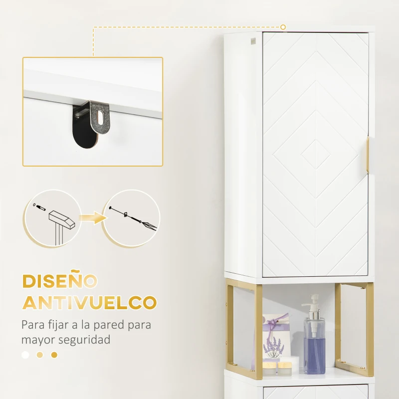kleankin Columna de Baño Mueble Auxiliar de Baño con 2 Puertas Compartimiento y Estantes Ajustables 30x30x170,7 cm Blanco