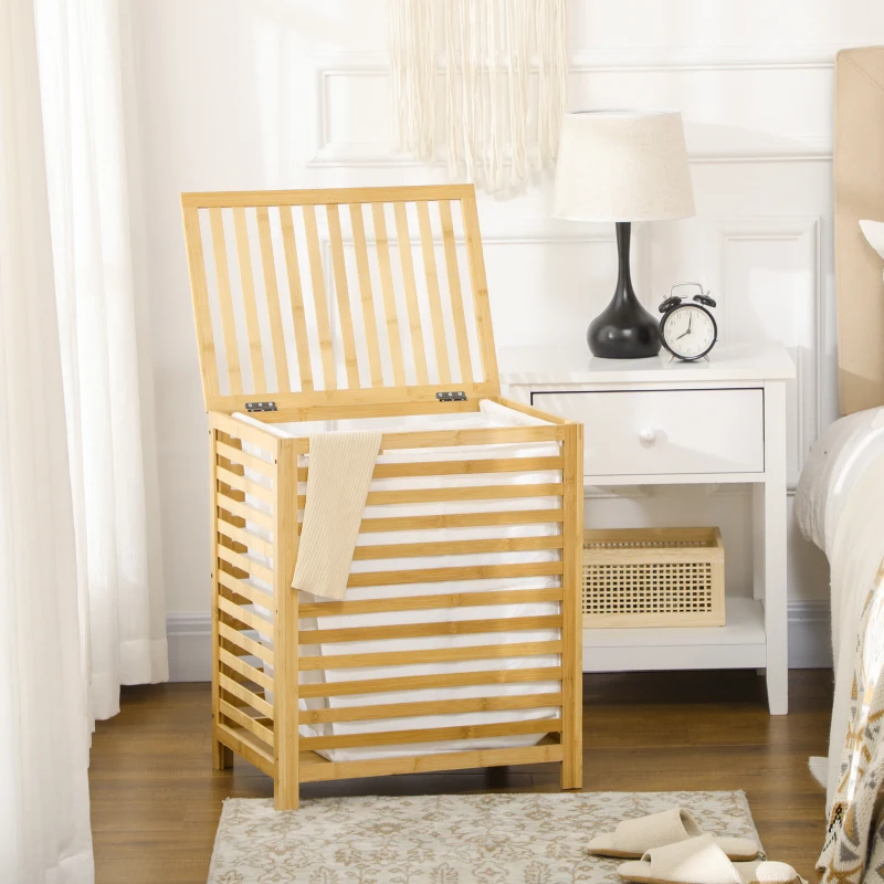 HOMCOM Panier à linge sale en bambou avec sac en polyester et coton amovible et couvercle - dim. 50L x 36l x 60H cm naturel