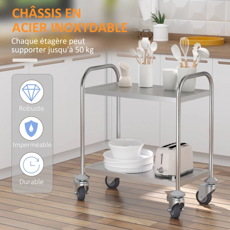 HOMCOM Chariot de service desserte de cuisine à roulettes 2 étagères 80L x 45l x 82H cm acier inox. chromé