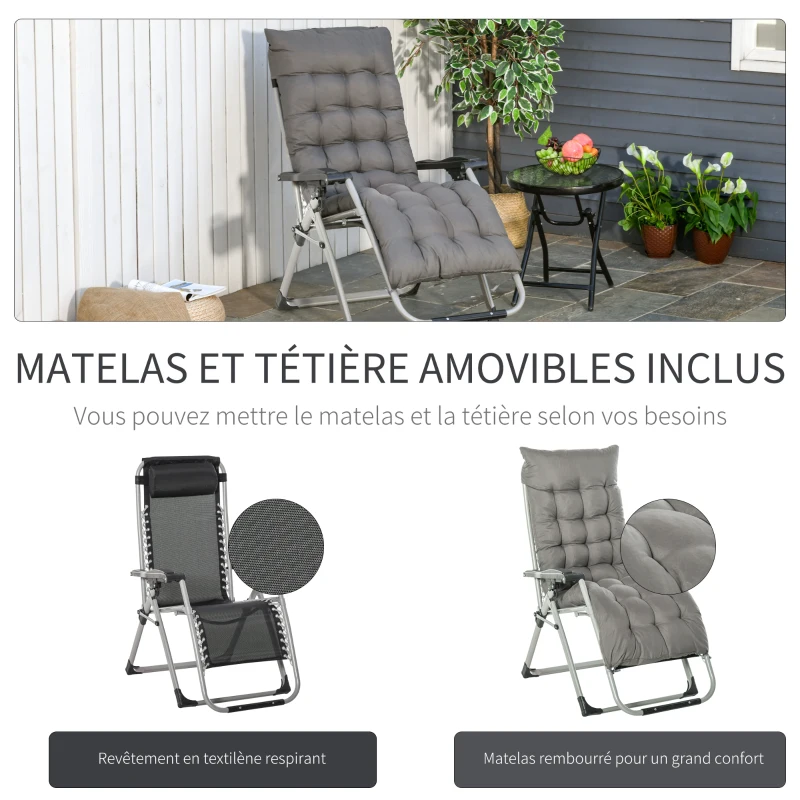 Outsunny Chaise Longue Pliable Bain de Soleil fauteuil relax jardin inclinable Grand Confort avec Matelas, tétière, accoudoirs métal époxy Polyester Gris