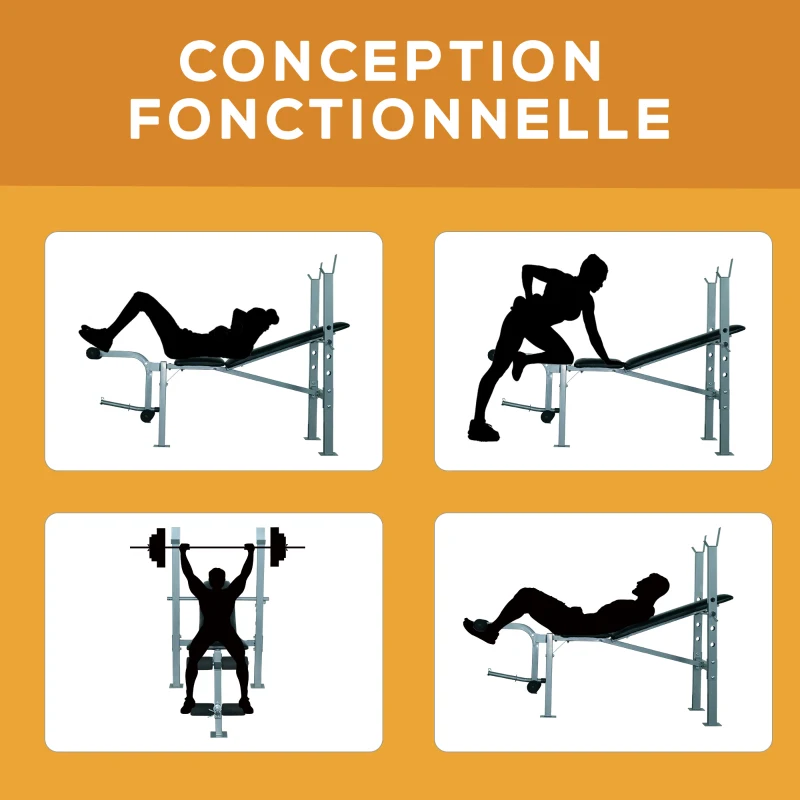 HOMCOM Banc de musculation Fitness banc d'haltérophilie dossier réglable + Ensemble d'haltères courtes ou longues 20 Kg barre d'extension incluse entraînement musculaire & haltérophilie