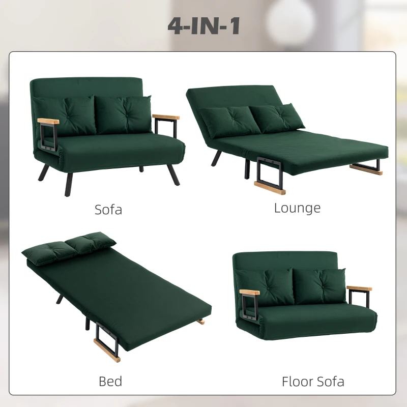 HOMCOM 4-in-1 Velvet-Feel Double Sofa Bed, with Pillows - Green