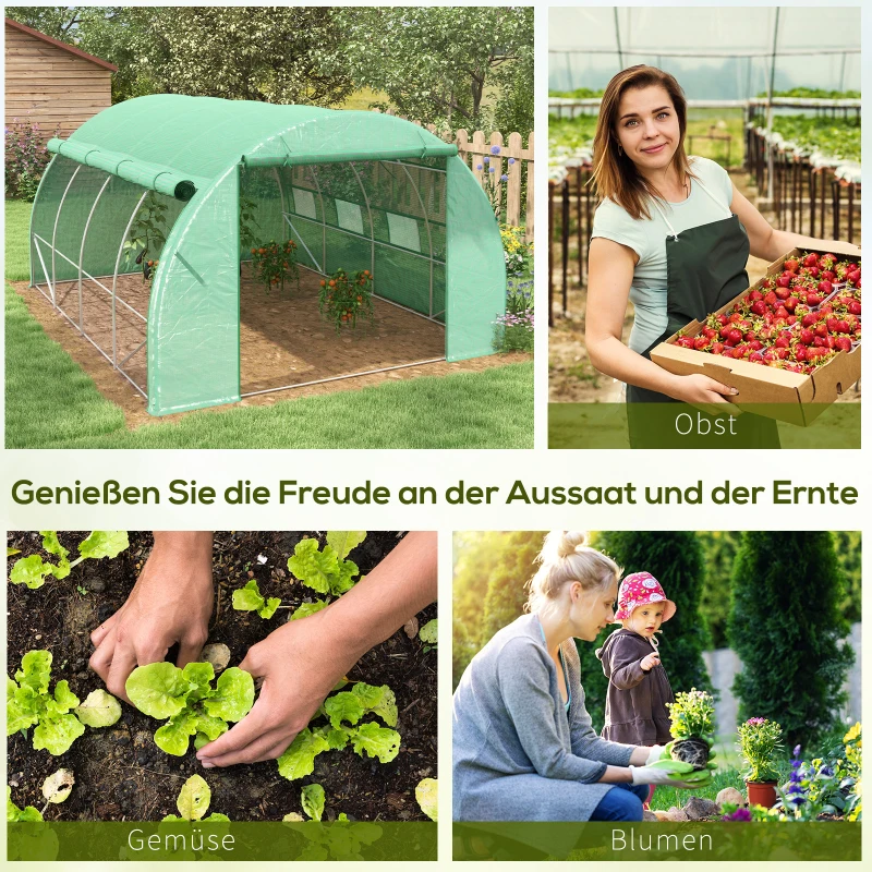 Outsunny Foliengewächshaus, Treibhaus, begehbar, Netzfenster, Metallrahmen, 4x3x2m, Grün