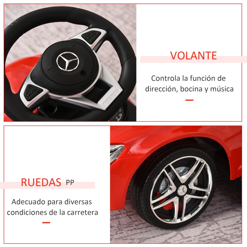 HOMCOM Correpasillo para Niños Mayores de 1 Año Cochecito Automóvil Diseño 3 en 1 Empujador Andador Función de Bocina con Capota Reposapiés Portavasos 84x40x83 cm Rojo