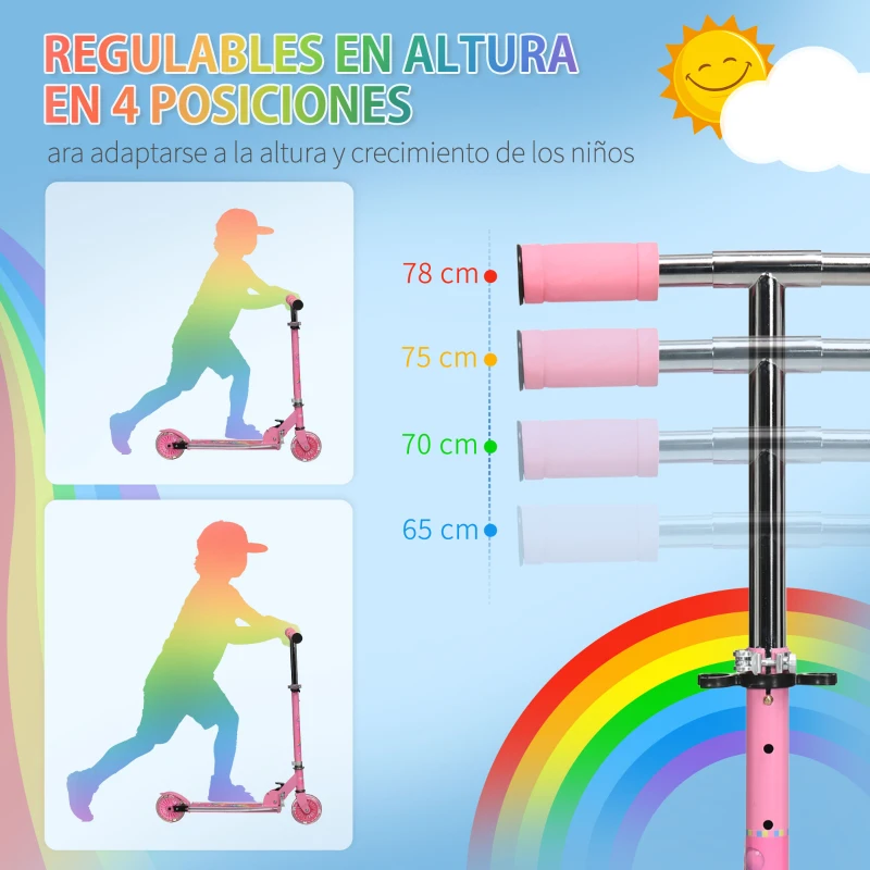 HOMCOM Patinete Infantil Plegable con Luces Música Altura Ajustable Ruedas Brillantes Pedal LED Carga 50kg 67x32x65-78cm Rosa