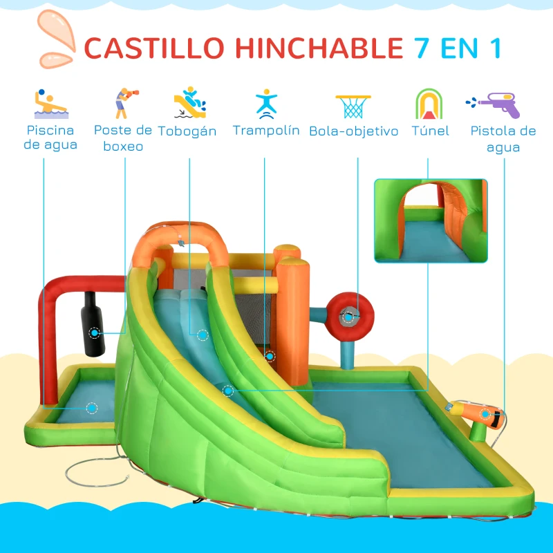 Outsunny Castillo Hinchable Grande con Tobogán Poste de Boxeo y Túnel para 3-8 Años 478x440x210 cm Multicolor