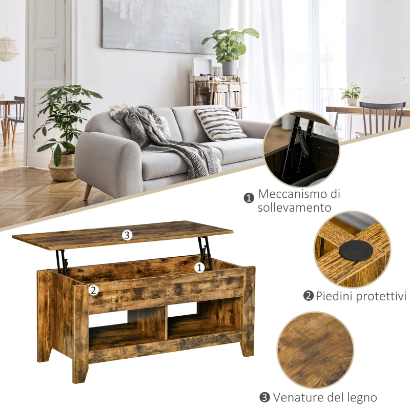 HOMCOM Tavolino da Salotto in Stile Industriale con Vano Contenitore e Piano Sollevabile in Legno, 105x50x49cm, Marrone Rustico