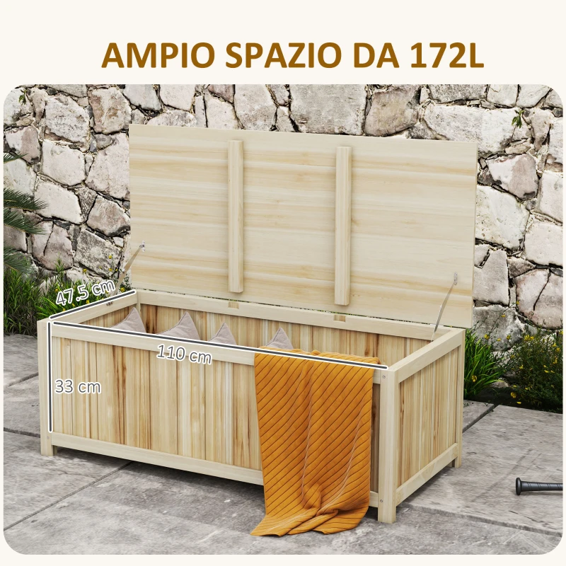 Outsunny Panca Contenitore da Giardino da 172L in Legno di Abete, 120x55x45cm, Colore Legno
