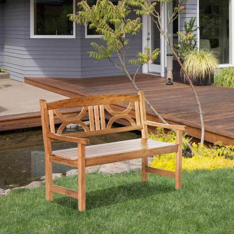 Outsunny Panchina da Giardino in Legno a 2 Posti con Schienale Decorato 123x61x89.5cm, Colore Naturale