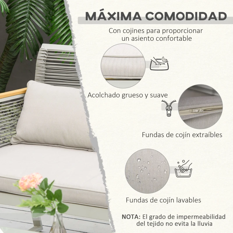 Outsunny Conjunto de Muebles de Jardín de Ratán 4 Piezas Sofá Doble 2 Sillones Individuales y Mesa de Café de Vidrio con Cojines Desenfundables para Exterior Terraza Gris