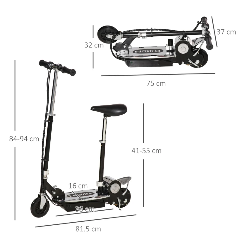 HOMCOM Monopattino Elettrico Pieghevole con Sella, 2 Ruote e Manubrio Regolabile, Bambini 7-12 Anni, 81.5x38x94cm, Nero