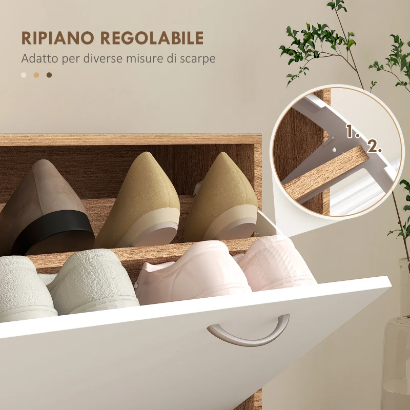 HOMCOM Mobile Appendiabiti 3 in 1 con Scarpiera e Specchio, Ganci e Cassetti, in Legno, 90x24x177 cm, Bianco e Noce