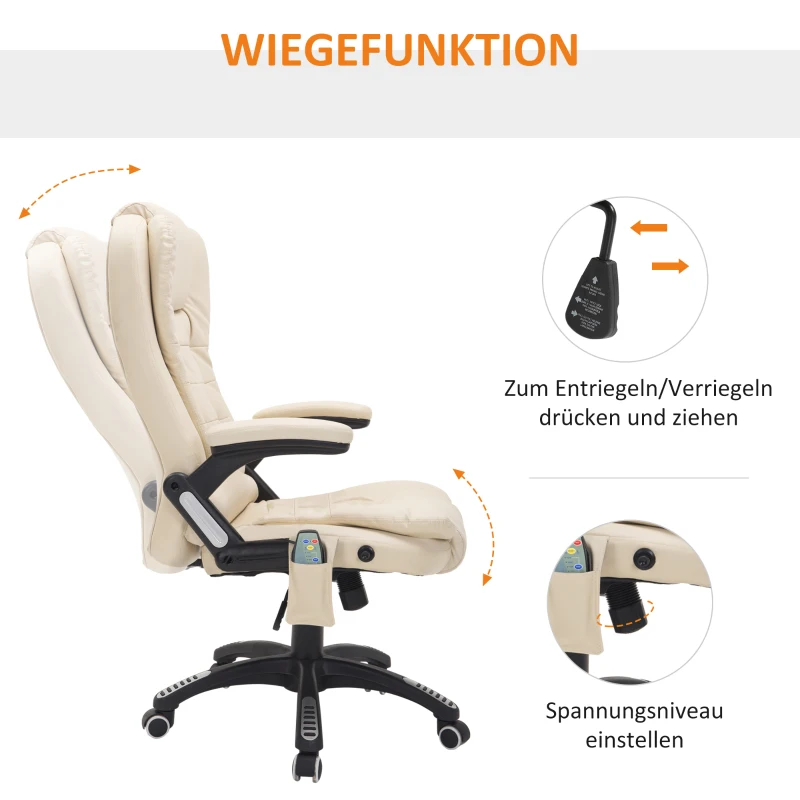 HOMCOM Bürostuhl mit Massagefunktion, Wärmefunktion, höhenverstellbar, Kippfunktion, Massage-Bürostuhl, Cremeweiß + Schwarz