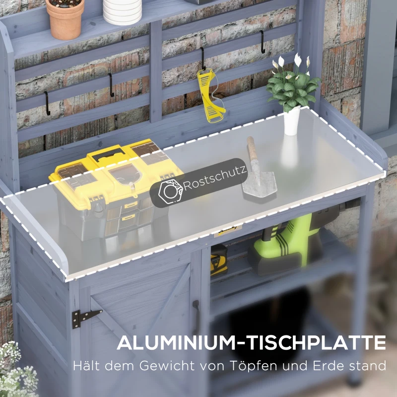 Outsunny Gartentisch mit Schrankfach, Aluminium-Arbeitsfläche, Stauraum, 112x47x146cm, Grau