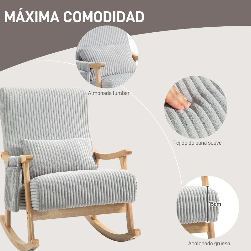 HOMCOM Silla Mecedora de Pana con Patas y Reposabrazos de Madera de Caucho Cojín Lumbar y Bolsillo Carga 120 kg Gris