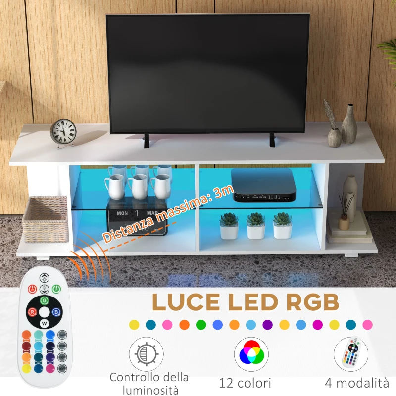 HOMCOM Mobile TV 60" con Luci a 12 Colori e 2 Ripiani Regolabili, in Truciolato e Vetro, 144.8x40x45 cm, Bianco