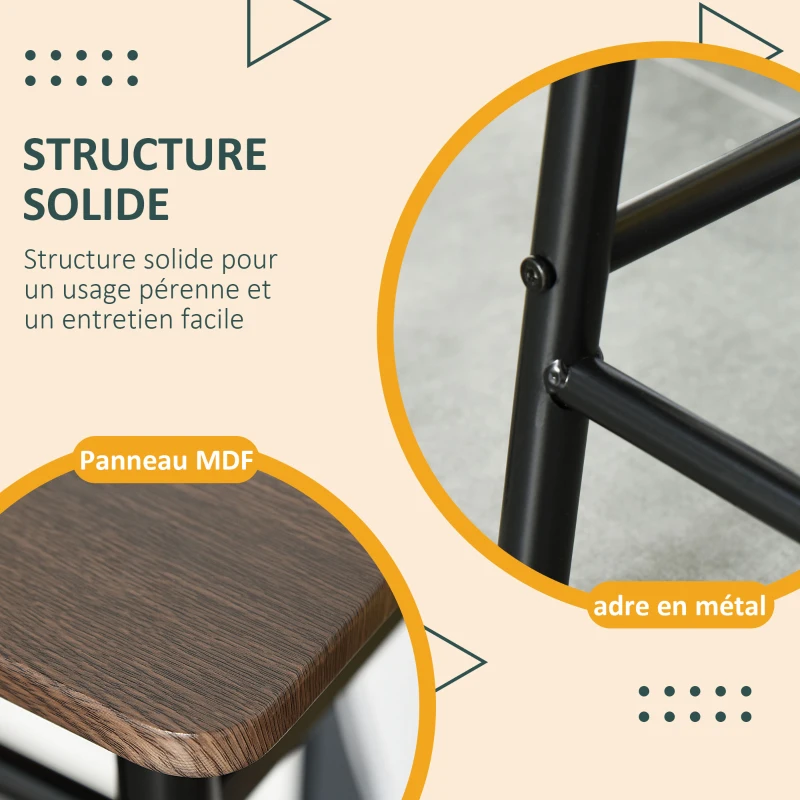 HOMCOM Ensemble Table de Bar Design Industriel + 2 tabourets MDF Imitation Bois Noyer métal Noir