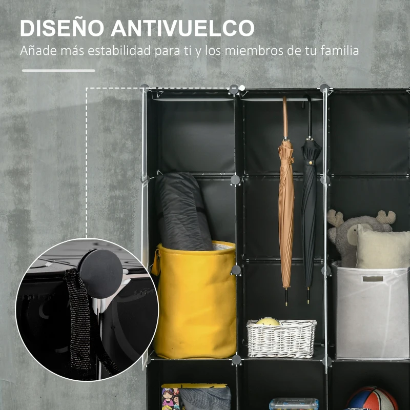 HOMCOM Armario Modular Organizador Portátil con 16 Compartimentos y 2 Barras de Colgar Ropa Negro y Blanco