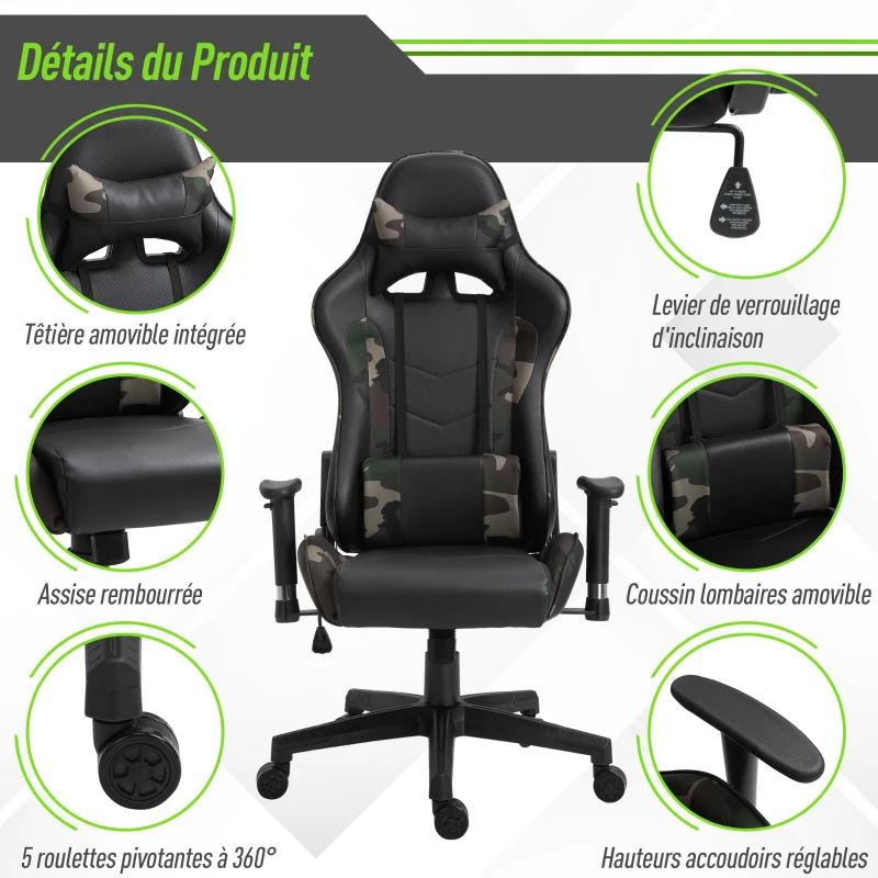 HOMCOM Fauteuil Gamer Chaise gaming Coussin Massant chaise de bureau Accoudoirs réglables coussin lombaire avec fonction de massage par vibration Noir