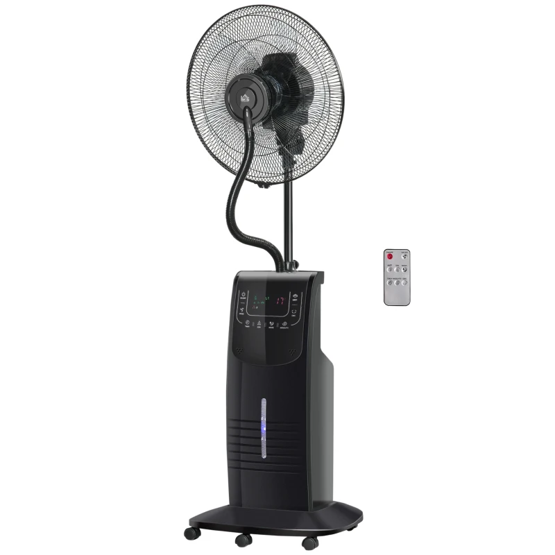 HOMCOM Ventilador de Pie Oscilante con Nebulizador 90W con Control Remoto 5 Aspas Tanque de Agua 3,1 L 44,5x44,5x135 cm Negro