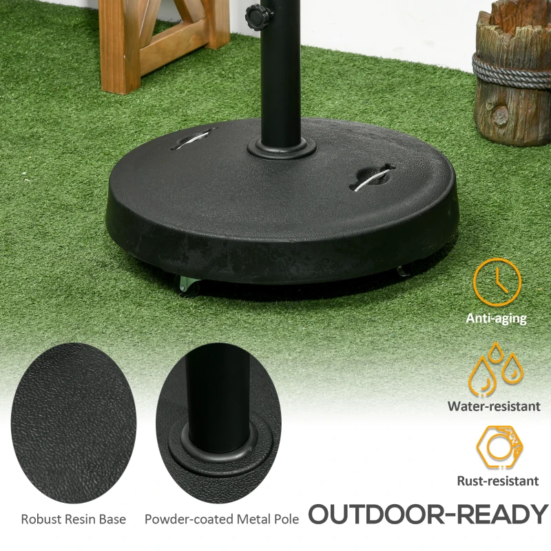 Outsunny 23.5kg Resin Garden Parasol Base with Wheels and Retractable Handles, Round Outdoor Market Umbrella Stand Weight for Poles of Φ38mm to Φ48mm, Black