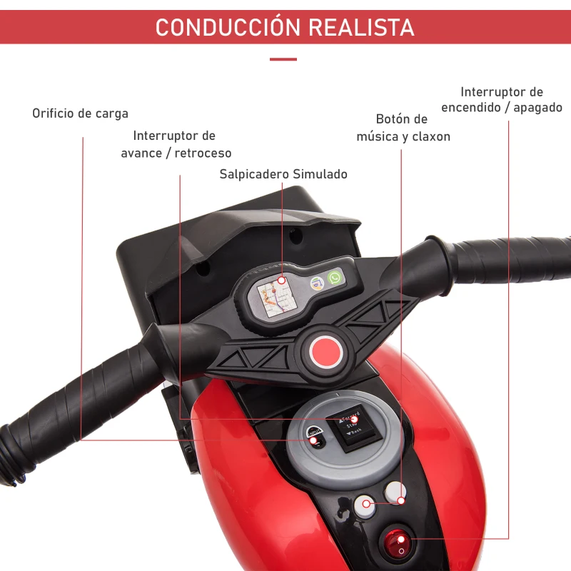 HOMCOM Moto Eléctrica Infantil con Luces Bocina Música Neumáticos Anchos Moto para Niños con Velocidad 3 km/h Rojo