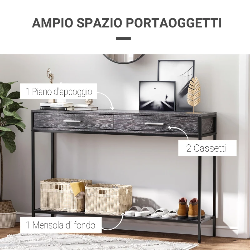 HOMCOM Consolle da Ingresso Stile Industriale in Legno e Acciaio con 2 Cassetti, 120x30x81.5cm, Grigio