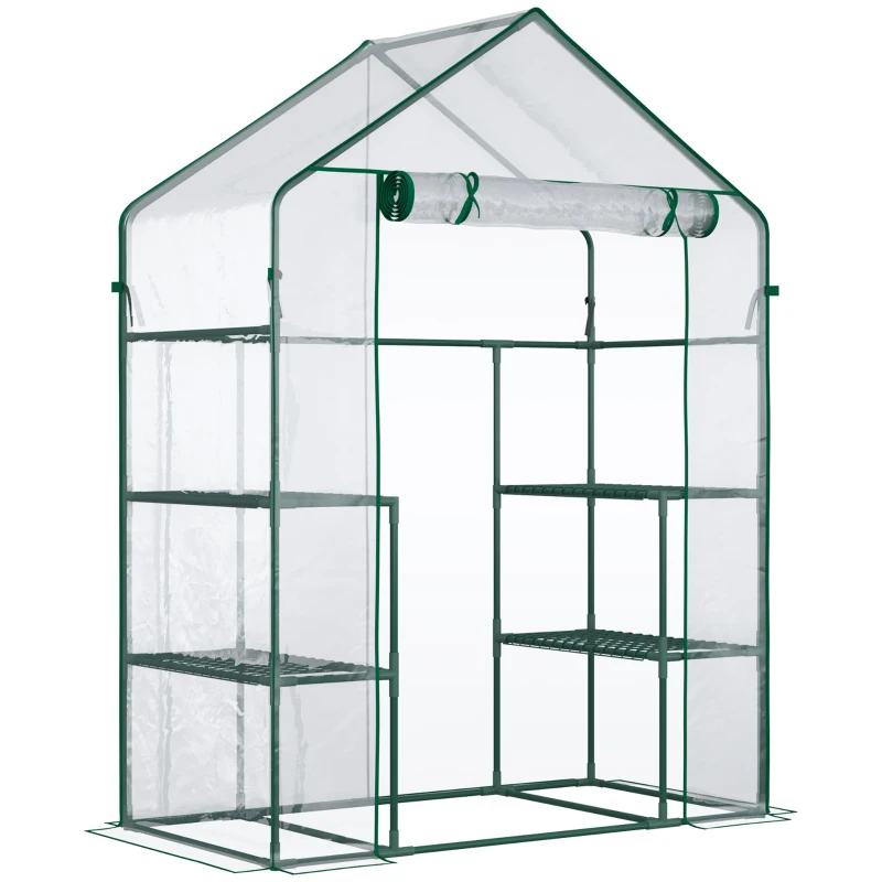 Outsunny Foliengewächshaus begehbares Gartenhäuschen Tomatengewächshaus Treibhaus Frühbeet mit 6 Regalen Transparent Stahl PVC-Kunststoff 142 x 73 x 195 cm