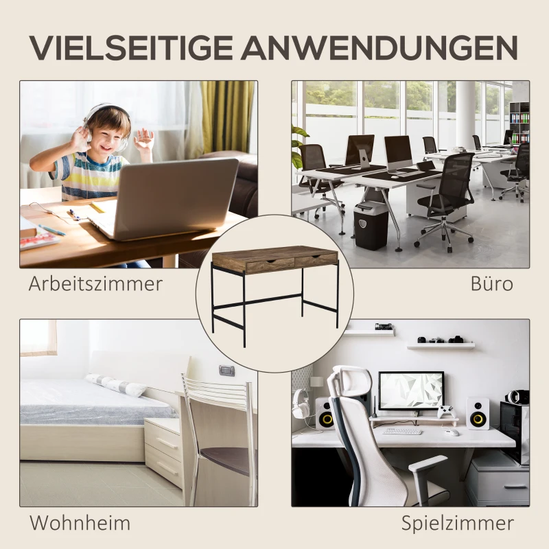 HOMCOM Schreibtisch im Industriedesign mit 2 Schubladen, 110 cm x 55 cm x 75 cm, Schwarz + Braun